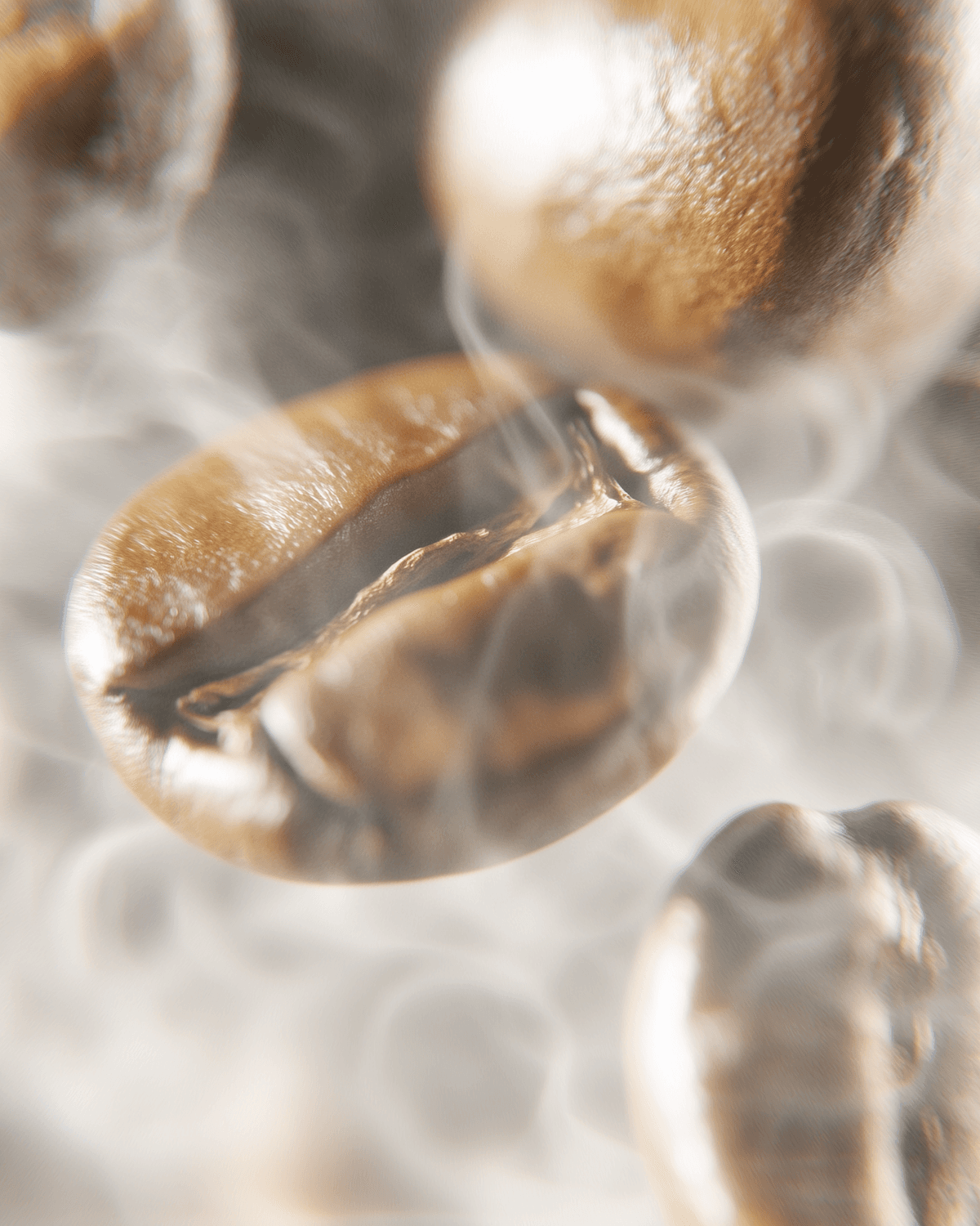 Freshly roasted coffee beans with wisps of steam