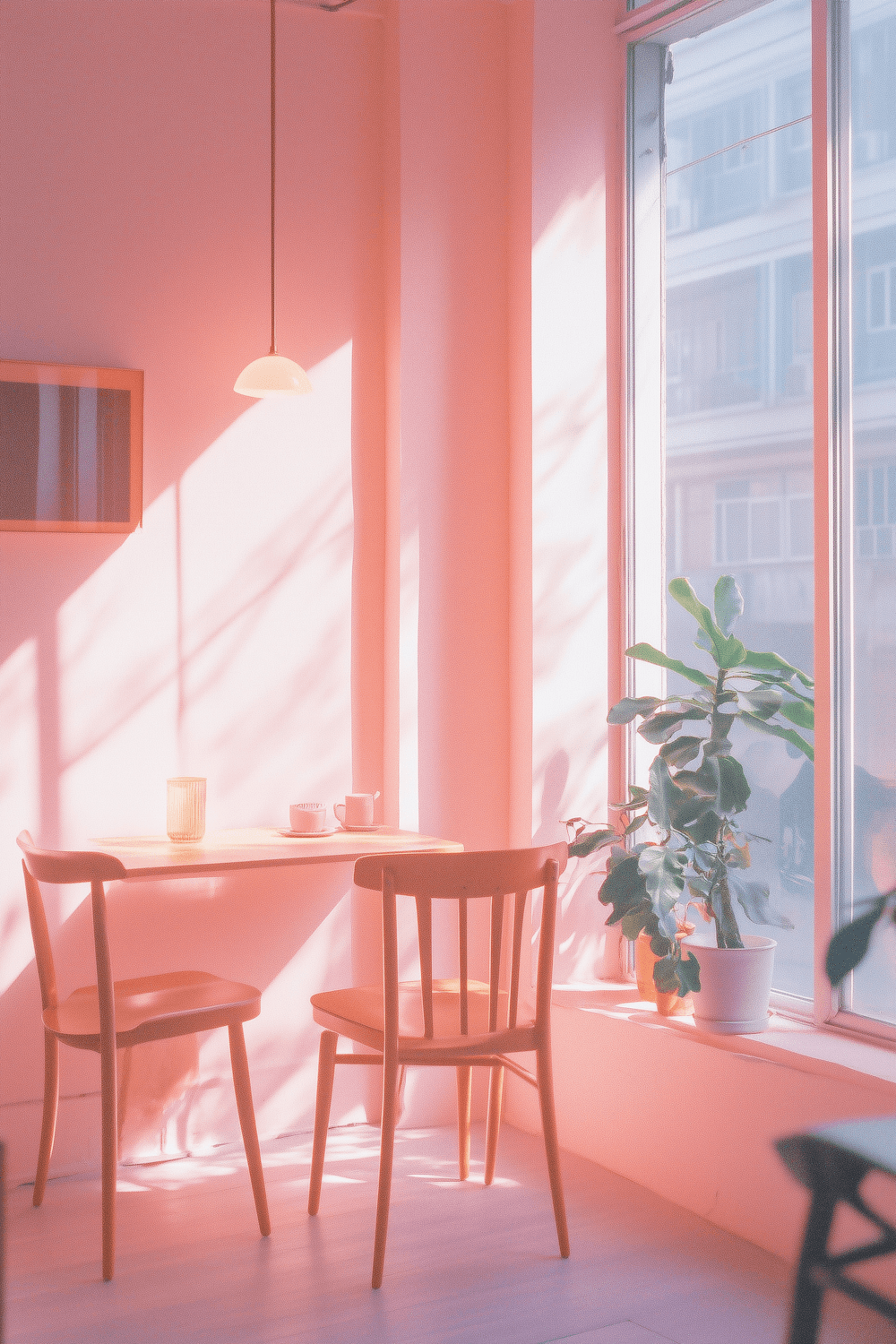 A sunlit café corner with two wooden chairs, a small table and a plant by a tall window